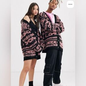 Fuzzy Pink and Black Graphic Sweater(cardigan) very cool! NEW